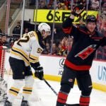 Carolina Hurricanes' Andrei Svechnikov celebrates his goal during the second period.