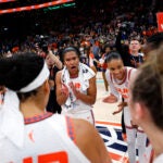 Connecticut Sun forward Alyssa Thomas (25) and the team huddle up after their 69-61 win over the Los Angeles Sparks at TD Garden.