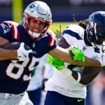 Hunter Henry of the New England Patriots runs with the ball during the first half against the Seattle Seahawks. (Jaiden Tripi/Getty Images