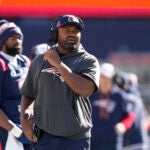 New England Patriots head coach Jerod Mayo shouts from the sidelines in the first half of an NFL football game against the New York Jets, Sunday, Oct. 27, 2024, in Foxborough, Mass.