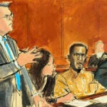In this courtroom sketch, Sean "Diddy" Combs defense attorney Marc Agnifilo, left, addresses the judge while Combs, seated second from right, in prison uniform, watches in Federal court, in New York, Thursday, Oct. 10, 2024.