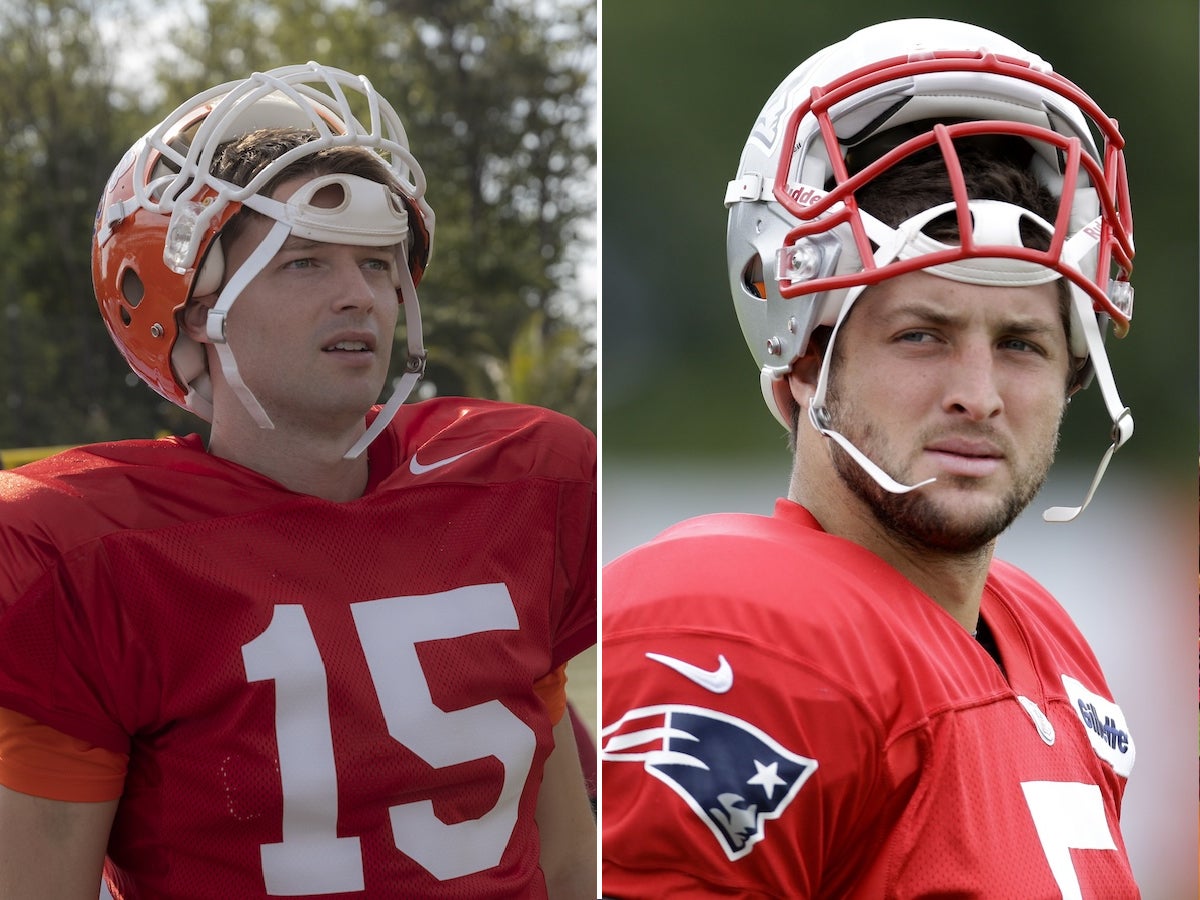 Patrick Schwarzenegger (L) plays Tim Tebow (R) on 