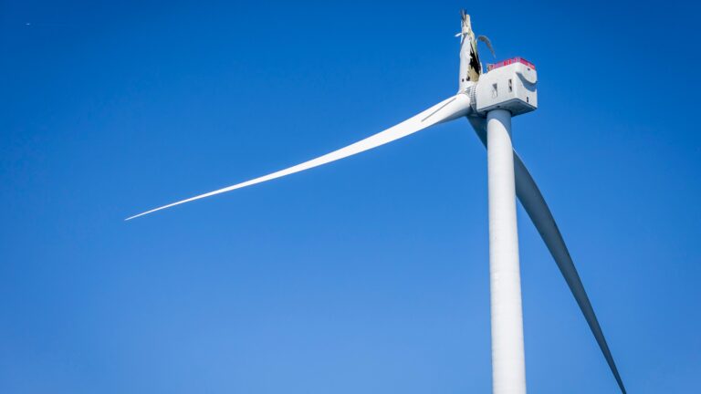 A wind turbine with a broken blade at Vineyard Wind 1, a wind farm off the coast of Massachusetts, photographed Sept. 10.