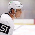 Boston Bruins’ Matt Poitras (51) participates in the first day of the Boston Bruins development camp at the Warrior Ice Arena on Monday.