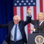 U.S. Sen. Bernie Sanders (I-VT) joins U.S. President Joe Biden on stage after he delivered remarks at NHTI Concord Community College on October 22, 2024 in Concord, New Hampshire.