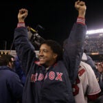 Pedro Martinez of the Boston Red Sox celebrate winning the American League pennant against the the New York Yankees at Yankee Stadium.