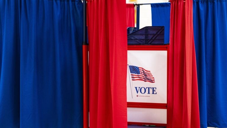 A voting booth at a polling place at Plymouth Elementary School in Plymouth, New Hampshire, U.S., on Tuesday, January 23, 2024. An amendment to the New Hampshire Constitution is up for a vote in November.