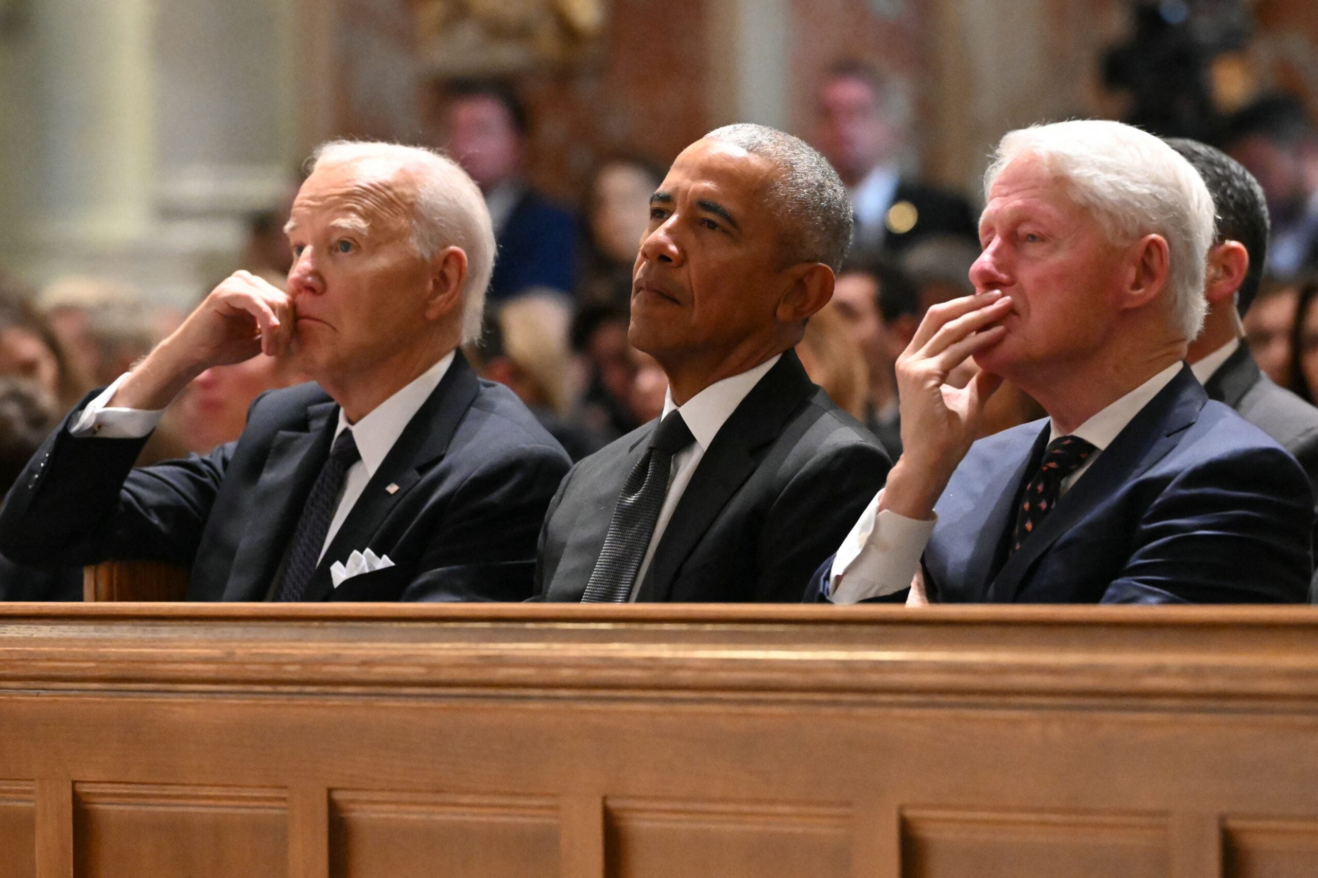 President Joe Biden, former President Barack Obama and former President Bill Clinton attend a memorial service for Ethel Kennedy on October 16, 2024, at the Cathedral of St. Matthew the Apostle in Washington, DC.