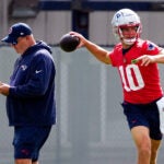 New England Patriots quarterback New England Patriots quarterback Drake Maye (10) with New England Patriots offensive coordinator Alex Van Pelt during today’s Patriots practice in Foxborough, MA.