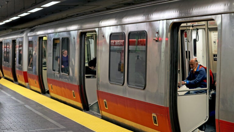 MBTA Red Line train makes a stop at Park Street Station Boston.