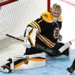 Bruins goaltender Jeremy Swayman makes a pad save in the first period.