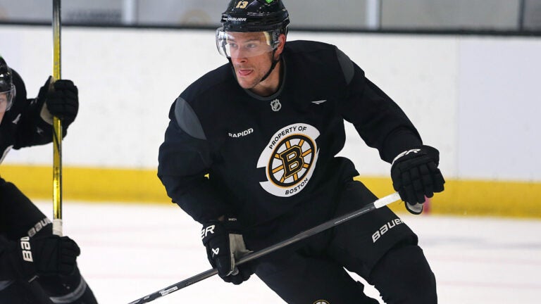 The Bruins training camp continued on Thursday at Warrior Ice Arena. Charlie Coyle skates during a drill.