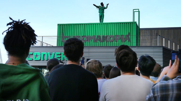 Tyler The Creator performed atop a storage container a Lovejoy Wharf to the delight of his loyal fans who crowded the wharf in front of him.