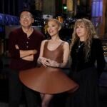 "SNL" cast member Bowen Yang, host Ariana Grande, and musical guest Stevie Nicks pictured before the October 12 episode of "Saturday Night Live."