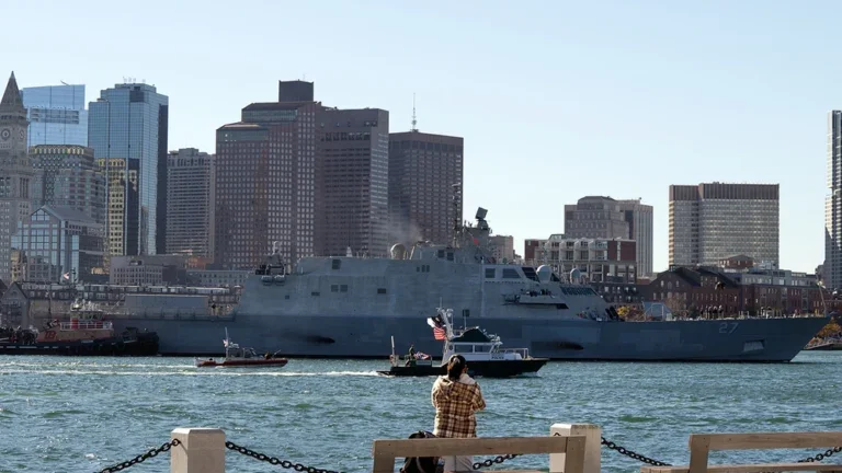 The Freedom-class littoral combat ship USS Nantucket (LCS 27) arrives in Boston Nov. 8 for its upcoming commissioning. The ship will be commissioned Nov. 16.