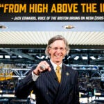 Jack Edwards posed with the new mural in Boston's broadcasting booth at TD Garden.