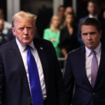 Donald Trump, flanked by attorney Todd Blanche, speaks to the press after he was convicted in his criminal trial at Manhattan Criminal Court in New York City, on May 30, 2024.