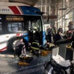 A bus that crashed into the Fitchburg Intermodal Center on Thursday, trapping an individual underneath it.