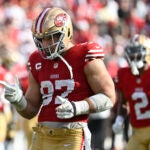 San Francisco 49ers defensive end Nick Bosa celebrates after sacking Tampa Bay Buccaneers quarterback Baker Mayfield during a Nov. 10 game in Tampa, Fla..