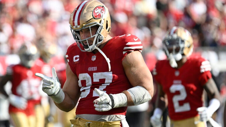 San Francisco 49ers defensive end Nick Bosa celebrates after sacking Tampa Bay Buccaneers quarterback Baker Mayfield during a Nov. 10 game in Tampa, Fla..