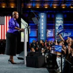 U.S. Representative Ayanna Pressley speaks to the crowd an Election Night Watch Party hosted by the Massachusetts Democratic party at SoWa Power Station. Pressley won her race uncontested.