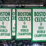 A general view of the 2024 NBA Champion Banner before a game between the Milwaukee Bucks and the Boston Celtics at the TD Garden on October 28, 2024 in Boston.