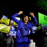 Democratic Maryland Senate candidate Angela Alsobrooks cheers.