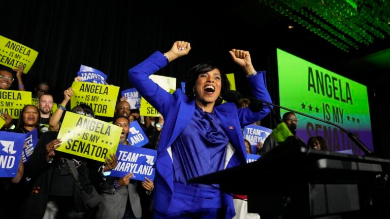 Democratic Maryland Senate candidate Angela Alsobrooks cheers.