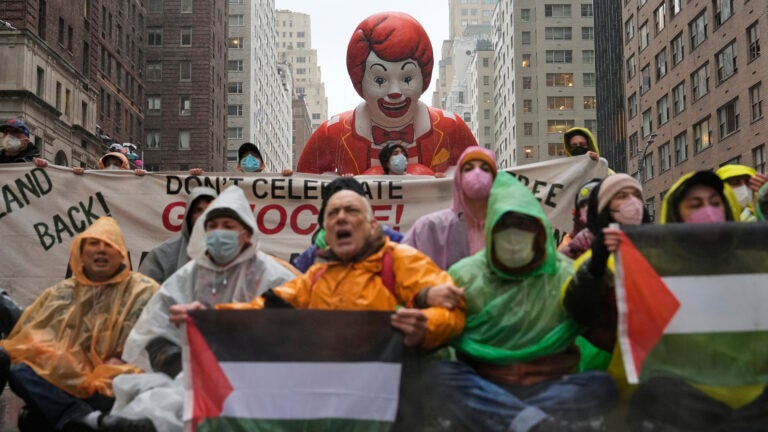 Pro-Palestinian protesters demonstrate on Sixth Avenue.