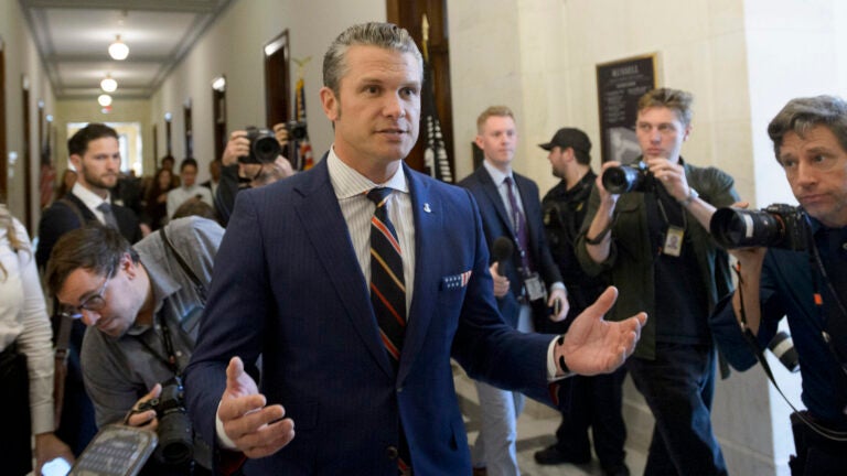 Pete Hegseth, President-elect Donald Trump's pick for secretary of defense, speaks with reporters following a meeting with senators on Capitol Hill, Thursday, Nov. 21, 2024, in Washington.