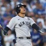 LOS ANGELES, CALIFORNIA - OCTOBER 26: Juan Soto #22 of the New York Yankees watches his solo home run against the Los Angeles Dodgers in the third inning during Game Two of the 2024 World Series at Dodger Stadium on October 26, 2024 in Los Angeles, California.
