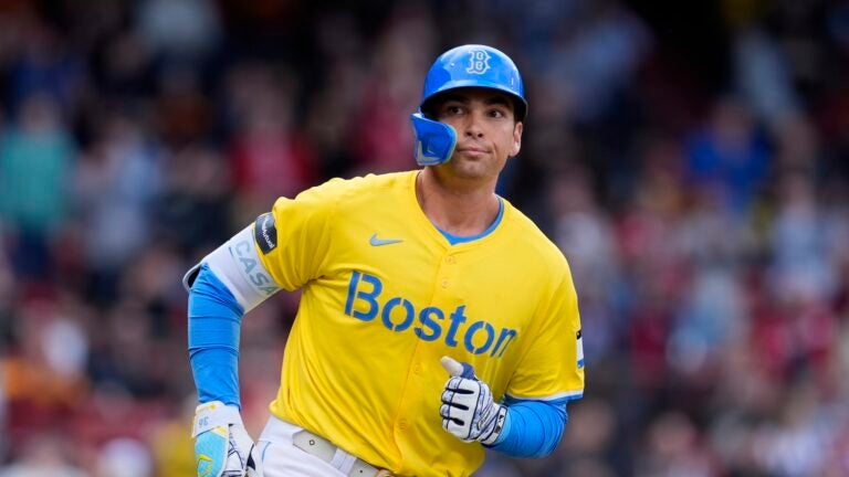 Boston Red Sox's Triston Casas runs on his two-run home run during the first inning of a baseball game against the Los Angeles Angels, Saturday, April 13, 2024, in Boston.
