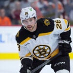 Boston Bruins' Elias Lindholm plays during an NHL hockey game, Saturday, Nov. 2, 2024, in Philadelphia.