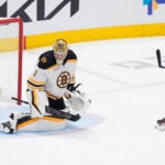 Dallas Stars right wing Evgenii Dadonov scores a penalty shot goal against Boston Bruins goaltender Jeremy Swayman during the first period.