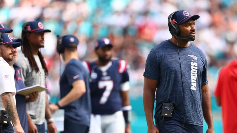 MIAMI GARDENS, FLORIDA - NOVEMBER 24: Head coach Jerod Mayo of the New England Patriots looks on during the second quarter against the Miami Dolphins at Hard Rock Stadium on November 24, 2024 in Miami Gardens, Florida.