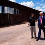 FILE - Republican presidential nominee former President Donald Trump listens to Paul Perez, president of the National Border Patrol Council, as he tours the southern border with Mexico, on Aug. 22, 2024, in Sierra Vista, Ariz.