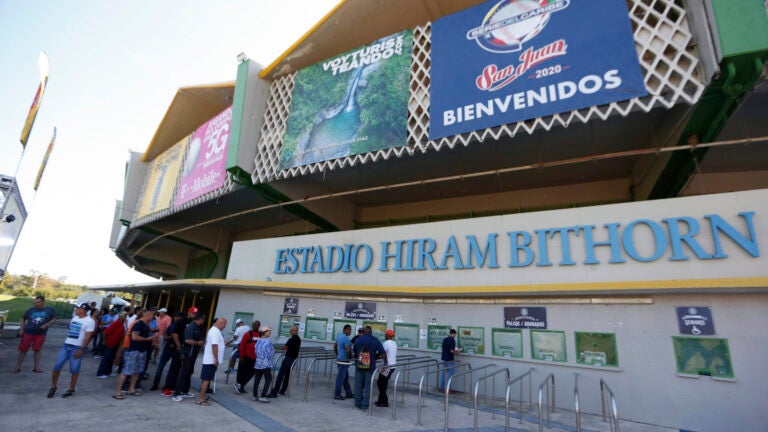 Baseball fans line up outside Hiram Bithorn baseball stadium in San Juan, Puerto Rico.