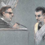 FILE - This artist depiction shows Massachusetts Air National Guardsman Jack Teixeira, right, appearing in U.S. District Court in Boston, April 14, 2023.