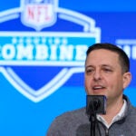New England Patriots director of scouting Eliot Wolf speaks during a press conference at the NFL football scouting combine in Indianapolis, Tuesday, Feb. 27, 2024.