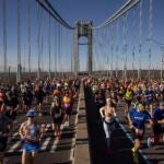 Runners cross the Verrazzano-Narrows Bridge at the start of the New York City Marathon, Sunday, Nov. 3, 2024, in New York.