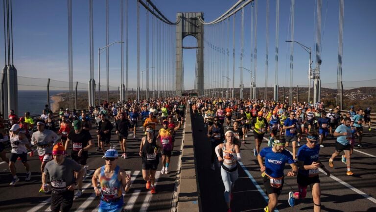 Runners cross the Verrazzano-Narrows Bridge at the start of the New York City Marathon, Sunday, Nov. 3, 2024, in New York.