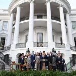 US President Joe Biden speaks as he welcomes the 2024 NBA Champions Boston Celtics to the White House in Washington, DC, during a ceremony on the South Lawn, November 21, 2024.