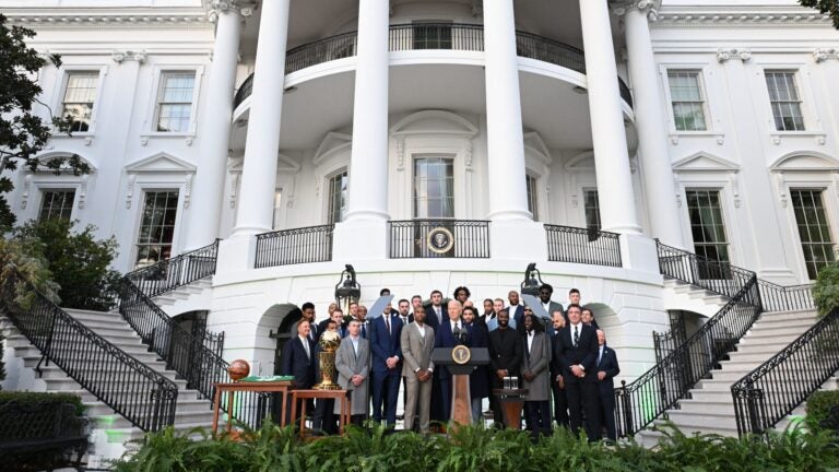 US President Joe Biden speaks as he welcomes the 2024 NBA Champions Boston Celtics to the White House in Washington, DC, during a ceremony on the South Lawn, November 21, 2024.