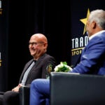 Former Boston Red Sox manager and Baseball Legacy Award honoree Terry Francona and presenter, former Red Sox catcher Kevin Cash, talk during “The Tradition,” the Sports Museum’s annual awards program, at TD Garden.