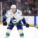 ANAHEIM, CALIFORNIA - NOVEMBER 05: Jake DeBrusk #74 of the Vancouver Canucks looks on during the first period of a game against the Anaheim Ducks at Honda Center on November 05, 2024 in Anaheim, California.
