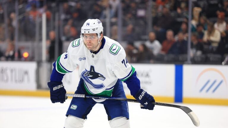 ANAHEIM, CALIFORNIA - NOVEMBER 05: Jake DeBrusk #74 of the Vancouver Canucks looks on during the first period of a game against the Anaheim Ducks at Honda Center on November 5, 2024 in Anaheim, California.