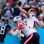 New England Patriots quarterback Drake Maye (10) throws a pass that was intercepted by the Tennessee Titans to end the game in overtime in an NFL football game in Nashville, Tenn., Sunday, Nov. 3, 2024.