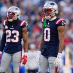 New England Patriots cornerback Christian Gonzalez (0) during the second half of an NFL football game, Sunday, Nov. 17, 2024, in Foxborough, Mass.