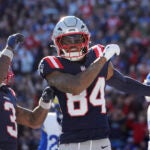 New England Patriots wide receiver Kendrick Bourne (84) celebrates after his touchdown during the first half of an NFL football game, Sunday, Nov. 17, 2024, in Foxborough, Mass.