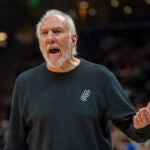 Spurs head coach Gregg Popovich reacts after a call.